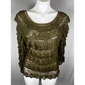 Ania A Dark Green Tiered Crochet Open Knit Lace Blouse Sweater Tunic Top Sz S/M